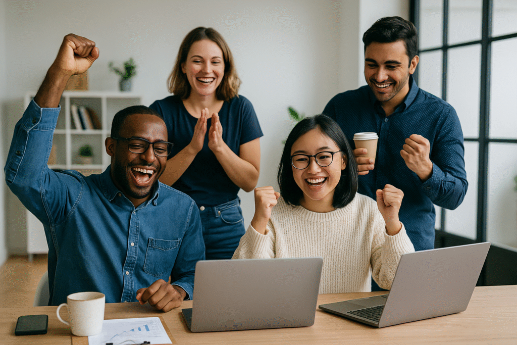 Diverse founder team celebrating success together Diverse founder team celebrating success together