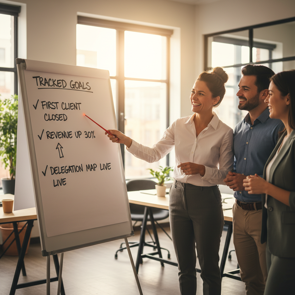 Founders reviewing milestone dashboard Founders reviewing milestone dashboard