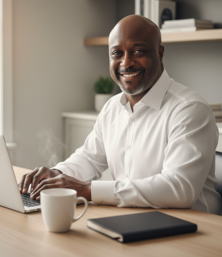 Kenneth replying to email Kenneth smiling at desk, replying to an email